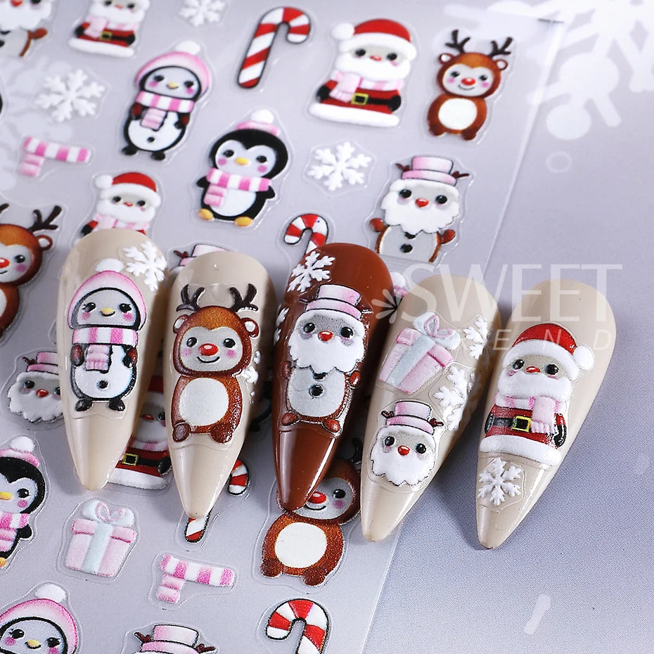 3pcs Embossed Christmas Nail Stickers Cute Snowman Santa Claus Penguin Bear Nail Decals Autumn Winter Nail Supplies Decoration