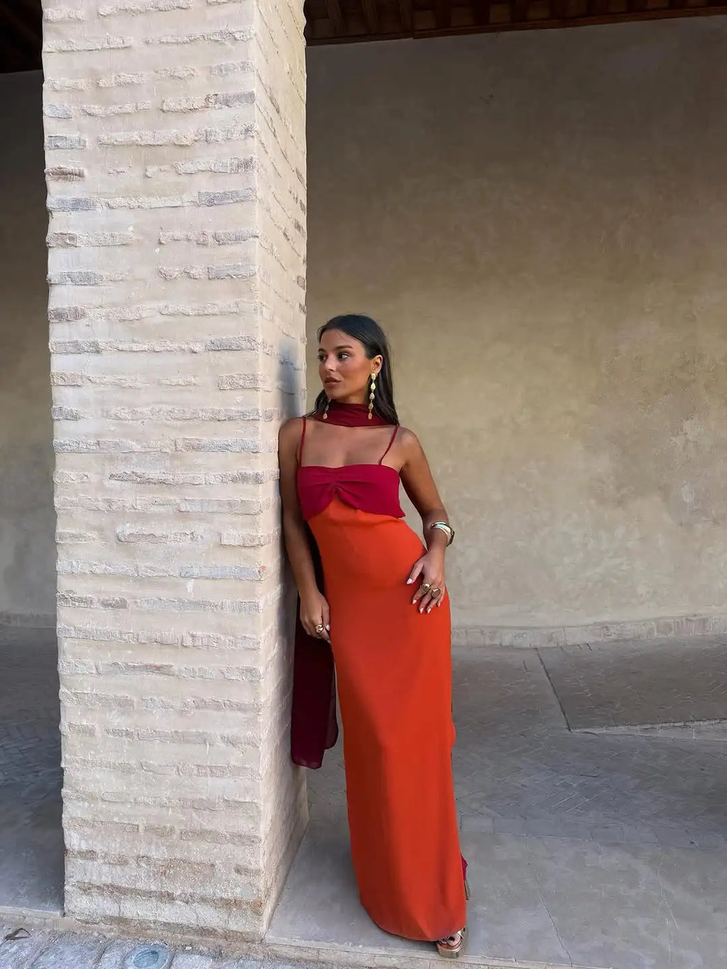 Color Blocking Scarf Collar Suspender Women Maxi Dress Spaghetti Strap High Split Floor Length Evening Dresses Lady Party Robes