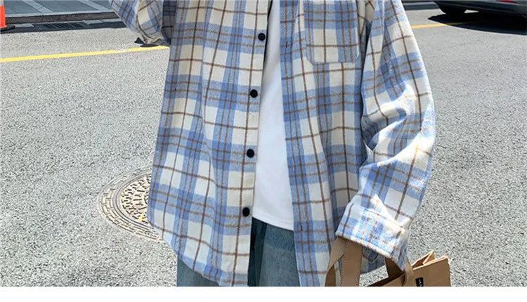 Men's Plaid Long Sleeve Shirt Loose Fit Thin Style Autumn Spring Casual Wear Sun Protection Outerwear Classic Check Pattern