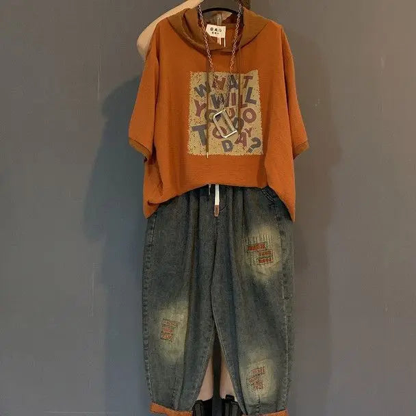 Vintage Plus Size Jeans Set Women's Two-Piece Outfit Casual Suit Denim Pants  Ladies Hooded T-Shirt Printed Jeans Sets