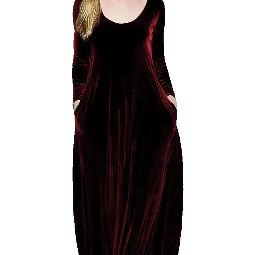 2026 Fall/Winter Velvet Long Dress – Round Neck, Long Sleeves, Floor-Length, Elegant Velvet Evening Gown