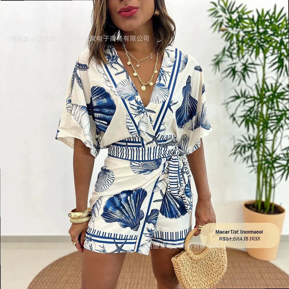 Women V Neck Beach Printed High Waist Stretch Jumpsuit Shorts Overall Playsuit
