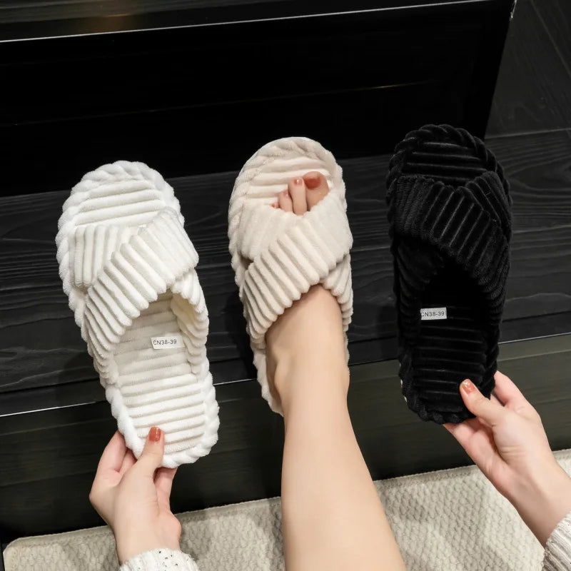 Fashion Corduroy Cross Band Open Toe Home Slippers Women Autumn Winter Warm Plush Slides Ladies Bedroom Soft Sole Slippers