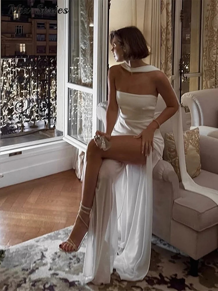 Elegant Halter Long Dress Women's Loose Sleeveless Off Shoulder Floor-length Dresses 2025 Spring Summer Lady Solid Stylish Robes