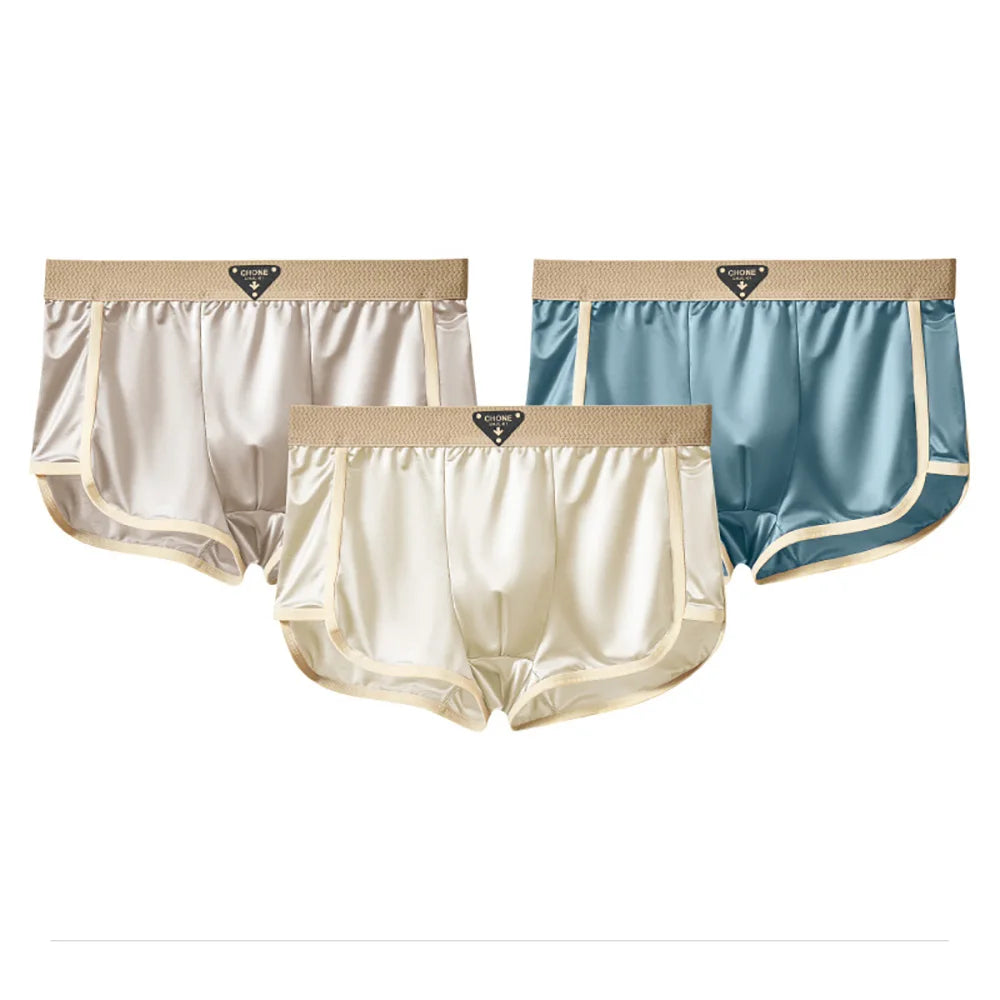 3PCS/Pack 10A Antibacterial Silk Mesh Crotch Men's Panties Luxury Satin-like Ice Silk Boxer Comfort Breathable Smooth Underpants