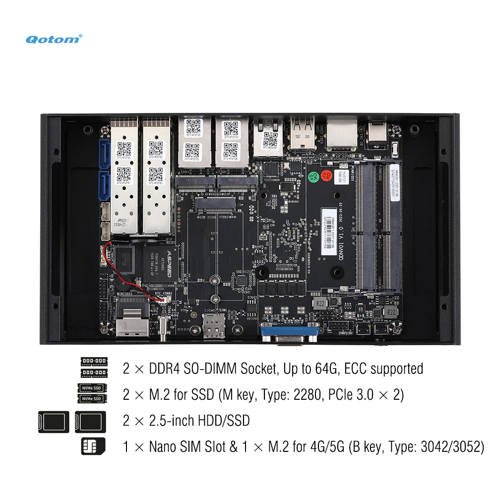 Mini PC Q20300G9 CPU Atom C3000, 4x 10G SFP+, 5x 2.5G LAN, Barebone Support 2x DDR4 RAM, 2x NVMe SSD, 2x HDD, Firewall Router