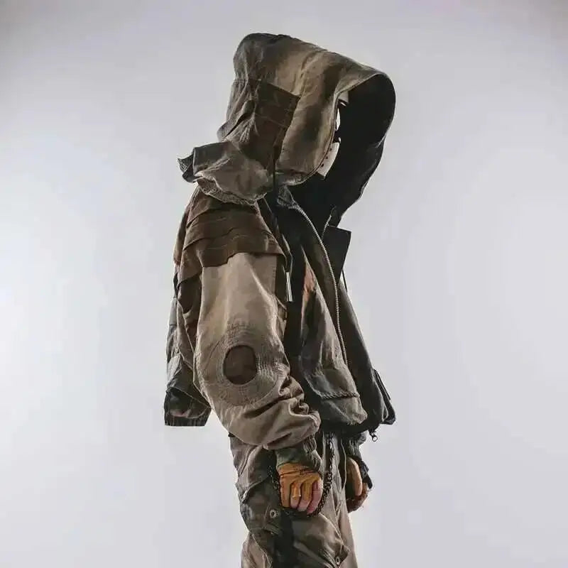 HKSH Autumn New Men's Hooded Distressed Patchwork Folded Waste Land Tactical Punk Techwear Shoulder Batwing Sleeve Jacket HK2392