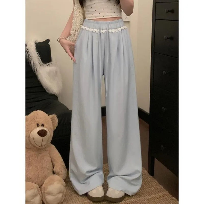 Women Lace Trim Wide Leg Pants Elastic Drawstring Waist Loose Casual Trousers Multiple Colors