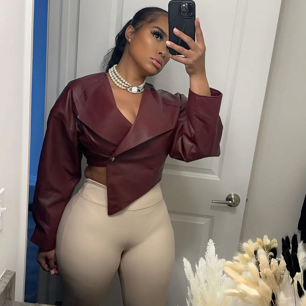 Joskaa 2025 Fall Women's PU Leather Jackets Fashion Solid Lapel Full Sleeve Slim Irregular Crop Coats Outerwear Y2K Streetwear
