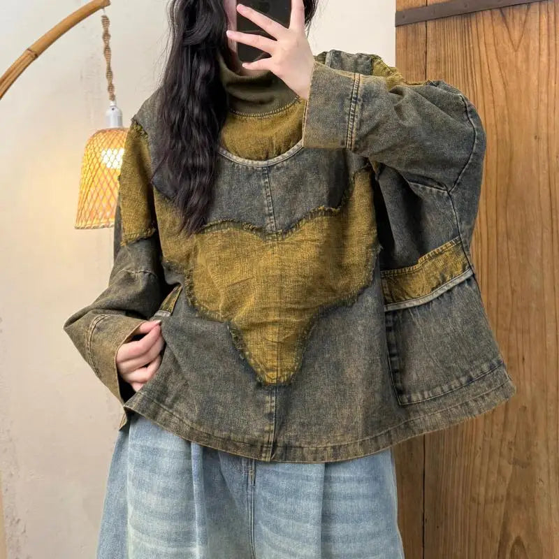 Spring Autumn New Arts Style Women Batwing Sleeve Turtleneck Pullovers Cotton Denim Vintage Patchwork Loose Hoodie Coat TH139
