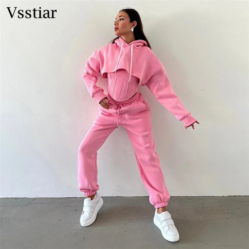 Vsstiar Women Three Piece Set Long Sleeve Hooded Crop Top Irregulary Tanks Pockets Pants Casual Tracksuit Fashion Female Clothes