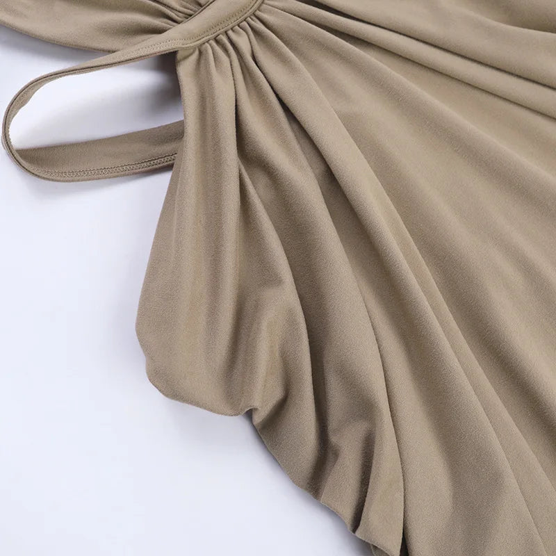 Halter Cut-Out Draped Super-Cut Back Bare Elegant Party Maxi Dress Waistless Backless Sleeveless Khaki Evening Prom Long Dress