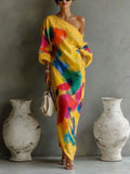 Abstract Brush Print One Shoulder Maxi Dress 3/4 Sleeve Loose Fit Casual Kaftan with Pockets, Bohemian Art Print Dress for Women