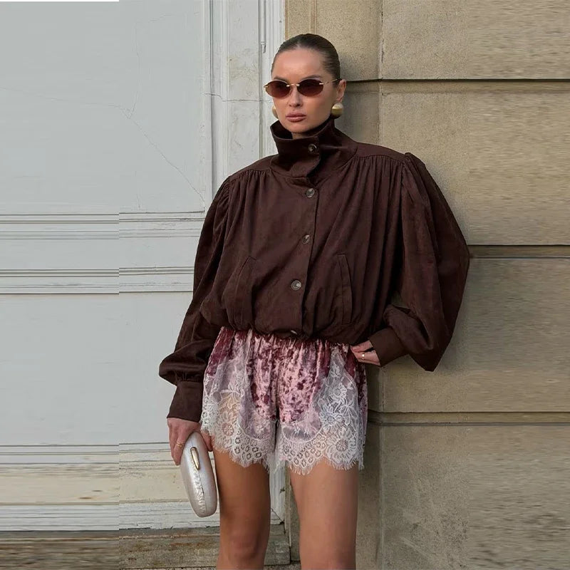 Lace Splicing Velvet Women's Short Pants 2026 Summer New Loose Elastic Waist High-waisted Mini Shorts Female Fashion Streetwear