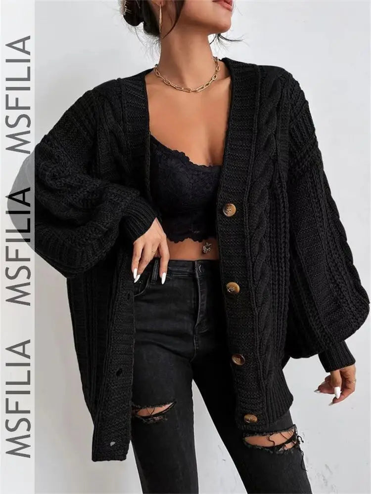Msfilia Women's Fall/Winter Solid Color Cable Knit V-Neck Cardigan, Balloon Sleeve Loose Single Breasted Sweater Coat