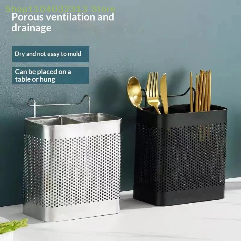 Stainless Steel 2 Compartment Cutlery Organizer With Hooks, Utensil Holder For Kitchen Counter, Dishwasher Safe Flatware Drying