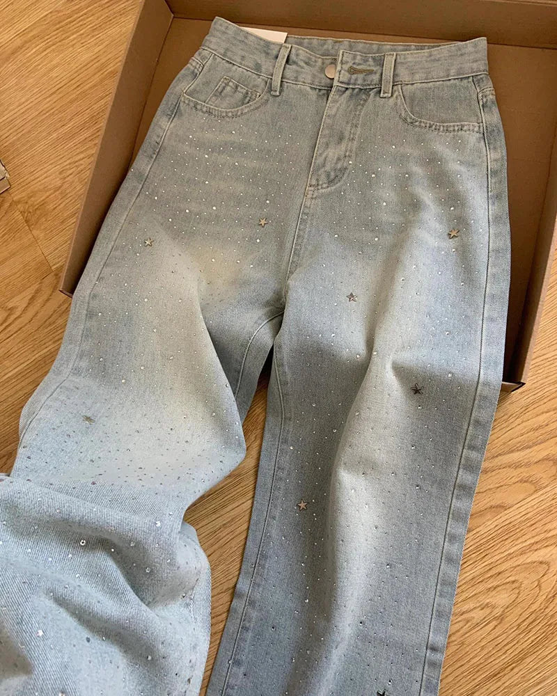 Elegant Light Blue Beaded Straight Denim Pants for Women High Waist Slim Fit Wide Leg Long Trousers