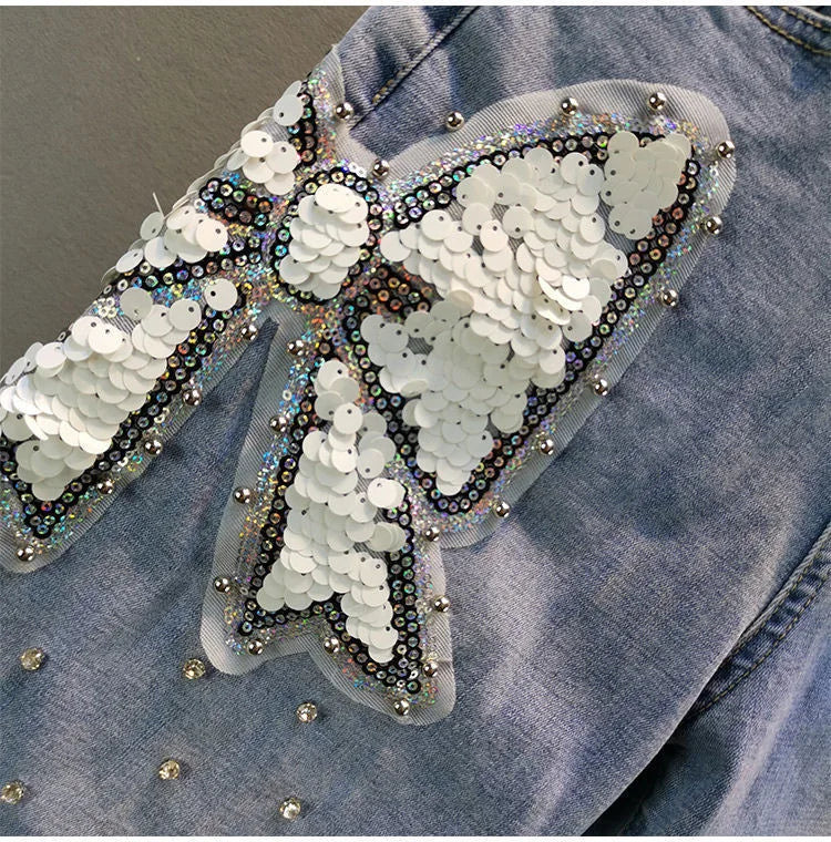 Ladies' Beaded and Sequined Denim Cropped Pants, New Summer Style, Raw-edge Straight-cut, Slim-fitting, Versatile Shorts