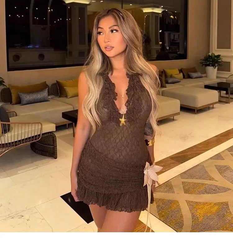 Sexy retro vacation ruffle edge deep V halter neck dress female slim slim slim skirt