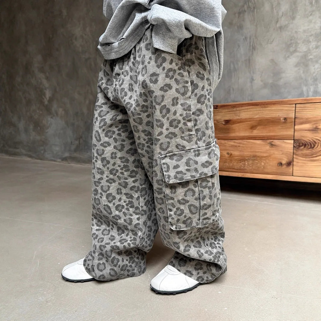 Boys Girls Spring Autumn Cargo Pants 2025 New Fashion Casual Daily Leopard Print Long Trousers for 2-11Y Kids