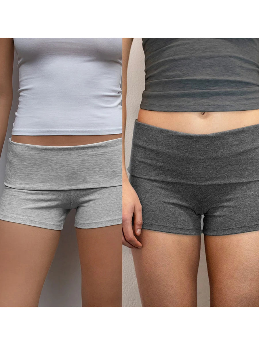 Summer Slim Yoga Shorts Women Casual Solid Color Fold Over Low Waist Lounge Shorts