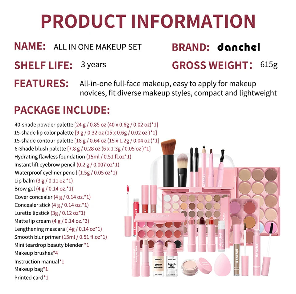 All In One Makeup Set Gathering All Cosmetic Including Base Makeup, Concealer, Contour ,Powder Blusher, Eyebrow Eye, Lip Makeup