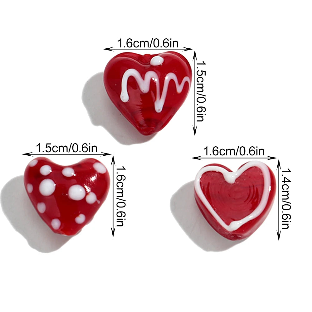 5Pcs Red Heart Lampwork Glass Beads Charm Dot Love Peach Loose Bead for DIY Craft Jewelry Making Necklace Bracelet Accessories