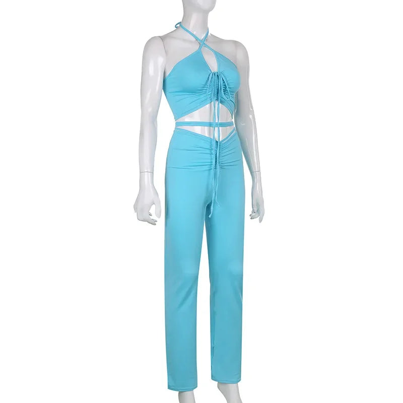 Solid 2 Piece Sets Womens Outfits Neck-mounted Halter Top Low Waist Long Pants Set Conjuntos Feminino Elegante Ensemble Femme