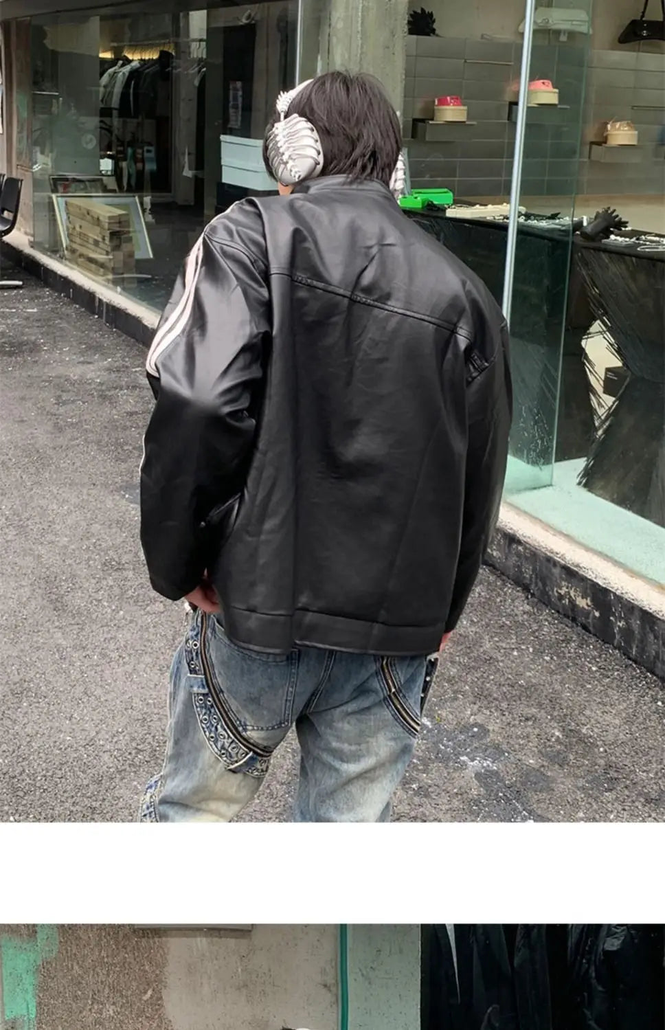 Youth Men's Biker Jacket Patchwork Stripes PU Leather Coat Stand Collar Zipper Long Sleeve Loose Fit Spring Autumn