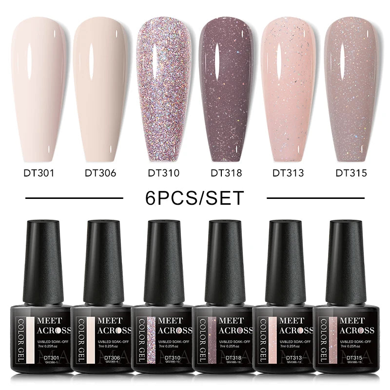 MEET ACROSS 6/8Pcs Set Glitter Gel Nail Polish Autumn Winter Nail Art Varnishes Semi Permanent Soak Off UV Gel Kit Nails Lacquer