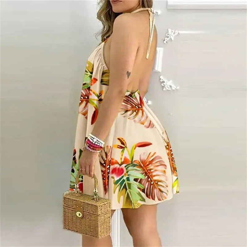 2024 Summer Off The Shoulder Hanging Neck Lace-up Dresses Women Elegant Print Backless Sleeveless Dress Female Casual Short Gown
