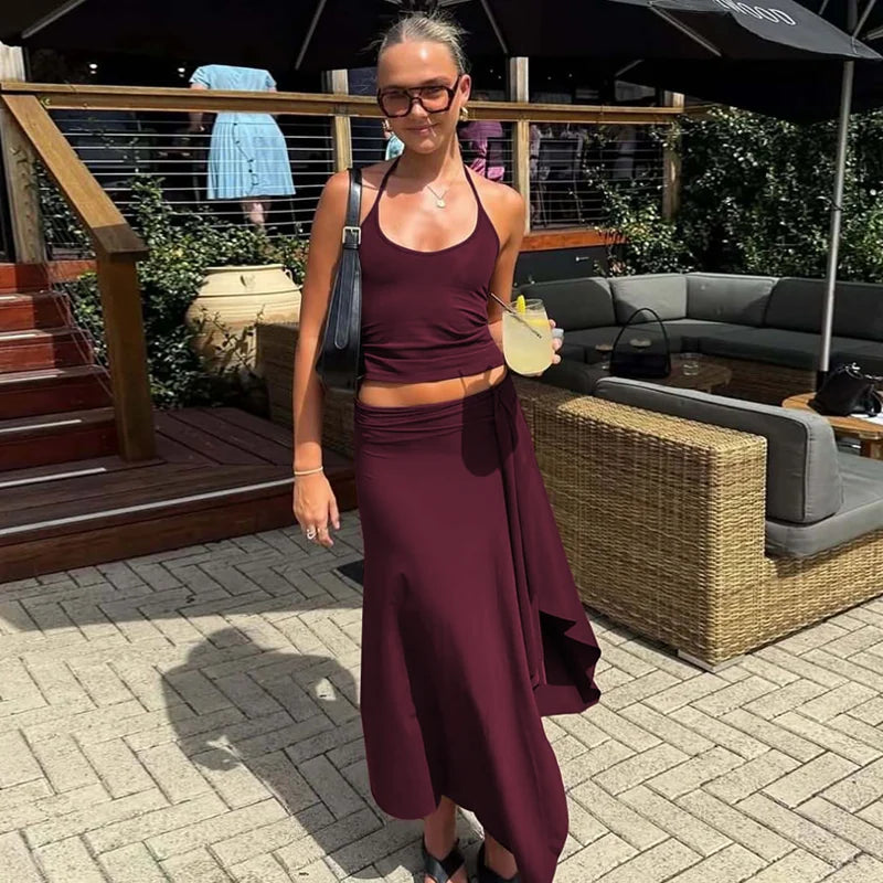 Hugcitar Fashion 2 Pcs Sets Halter Solid Backless Lace Up Sexy Crop Tank Top Ruched Maxi Skirt Women Outfit Beach Vacation Sport