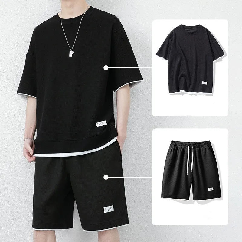Summer Solid Waffle Tracksuits 2026 Men's Short Sleeve Shorts Casual Two Piece Sets Loose Breathable Men Clothes Joggers Outfits