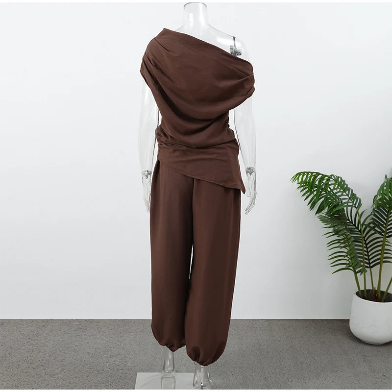Solid One Shoulder Top Lantern Pants Set Women Chic Cotton Linen T-shirt Wide-leg Pants Suit Elegant Lady Summer Daily Outfits