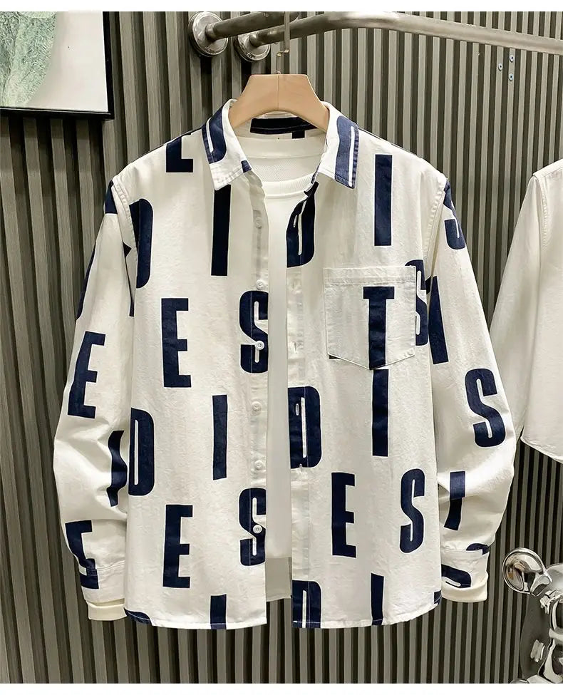 Men Clothing Spring Autumn Trendy Vintage Letter Print Lapel Shirt Simple Casual Long Sleeve Pocket Loose Tops Camisa Masculina