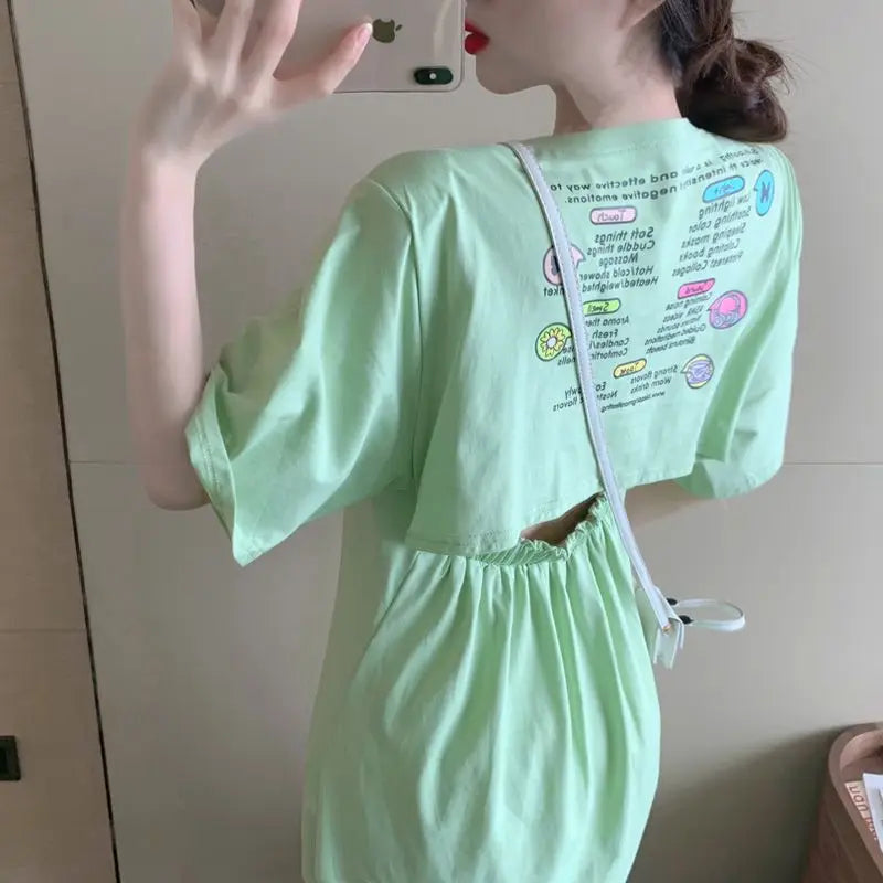 Summer Backless Split Hem Midi Dress Round Neck Short Sleeve Printing Ladies Dresses Korean Fashion Women Clothing