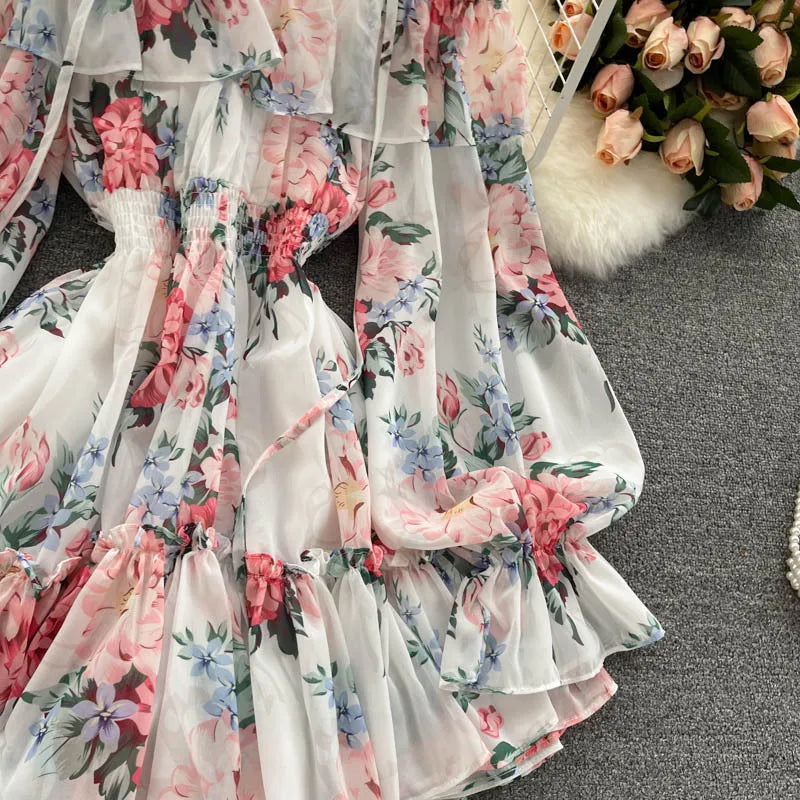 2025 New Retro Summer Beach Vacation Dress Women Sexy Strapless Lantern Sleeve Sweet Floral Jumpsuit Short Chiffon Print Dresses