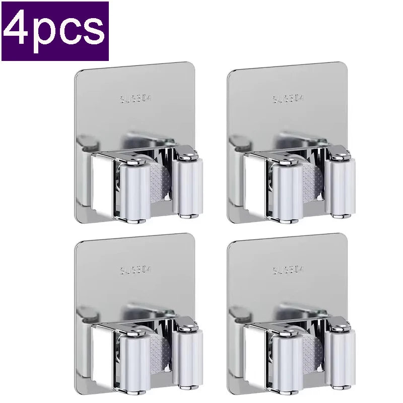 304 Stainless Steel Mop Clip Holder Bathroom Punch-free Mop Broom Brush Hanging Rack Strong Sticky Hook Wall Organizer Shelf