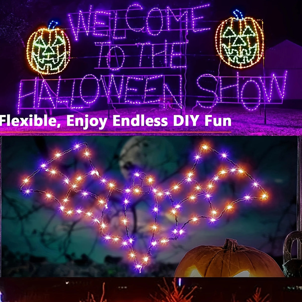 Halloween Fairy Lights USB 20M 200LED Auto Timer 8 Modes Waterproof  for Outdoor Garden, Yard, Fence Decor (Purple & Orange)