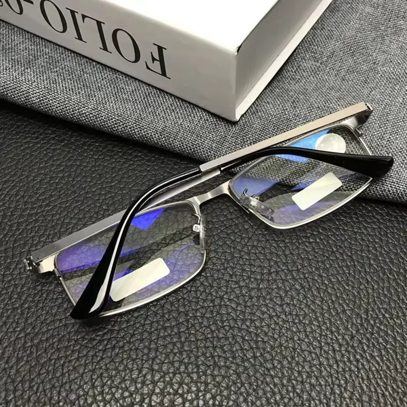 Stainless Steel Men Business Reading Glasses for Reader Mens Blue Light Blocking Presbyopia Optical Eyeglasses +1.0 1.5 2.0 2.5