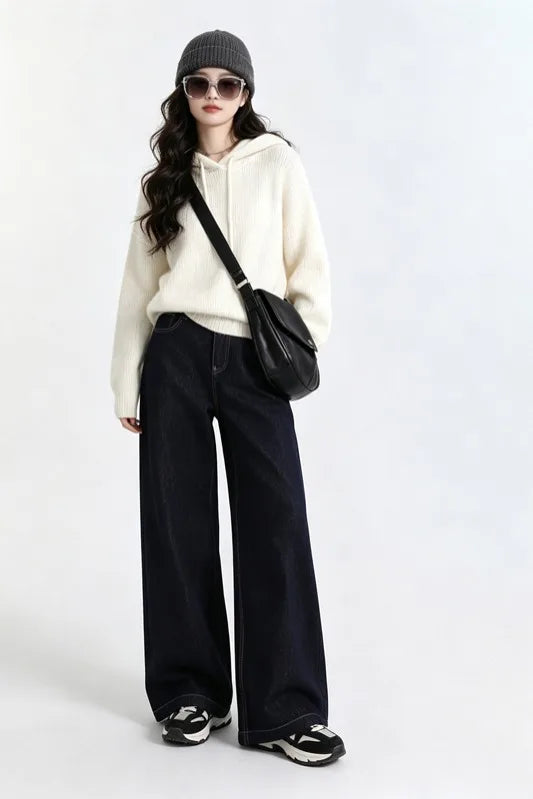 Raw Denim High Waist Wide Leg Draped Jeans Women Vintage Loose Slim Versatile Commute Long Trousers