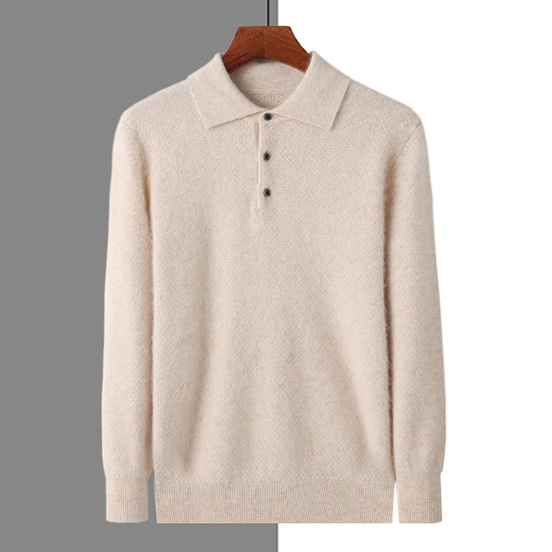 Men 100% Mink Cashmere Polo Sweater Autumn Winter Basic Smart Casual Long Sleeve Pullovers Cashmere Knitwear Soft Comfy Clothing