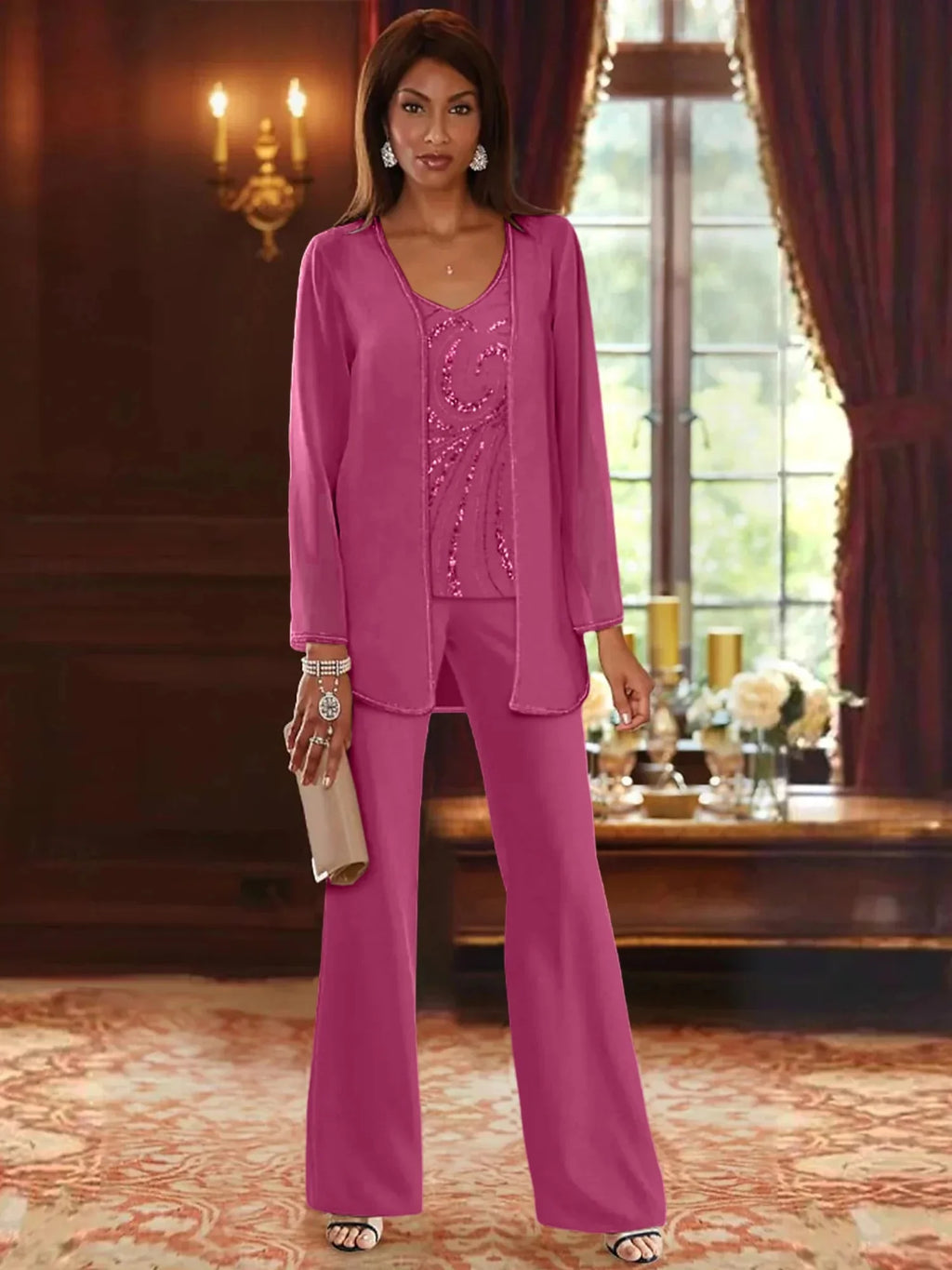 Pantsuit 3 Piece Mother of the Bride Dress Formal Wedding Guest V Neck Chiffon Lace Sleeveless with Beading Sequin 2024