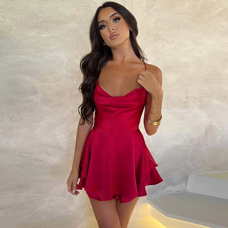 2025 Summer New Popular European and American Style Sexy Slimming Show Solid Color Slimming Dress Short Women's