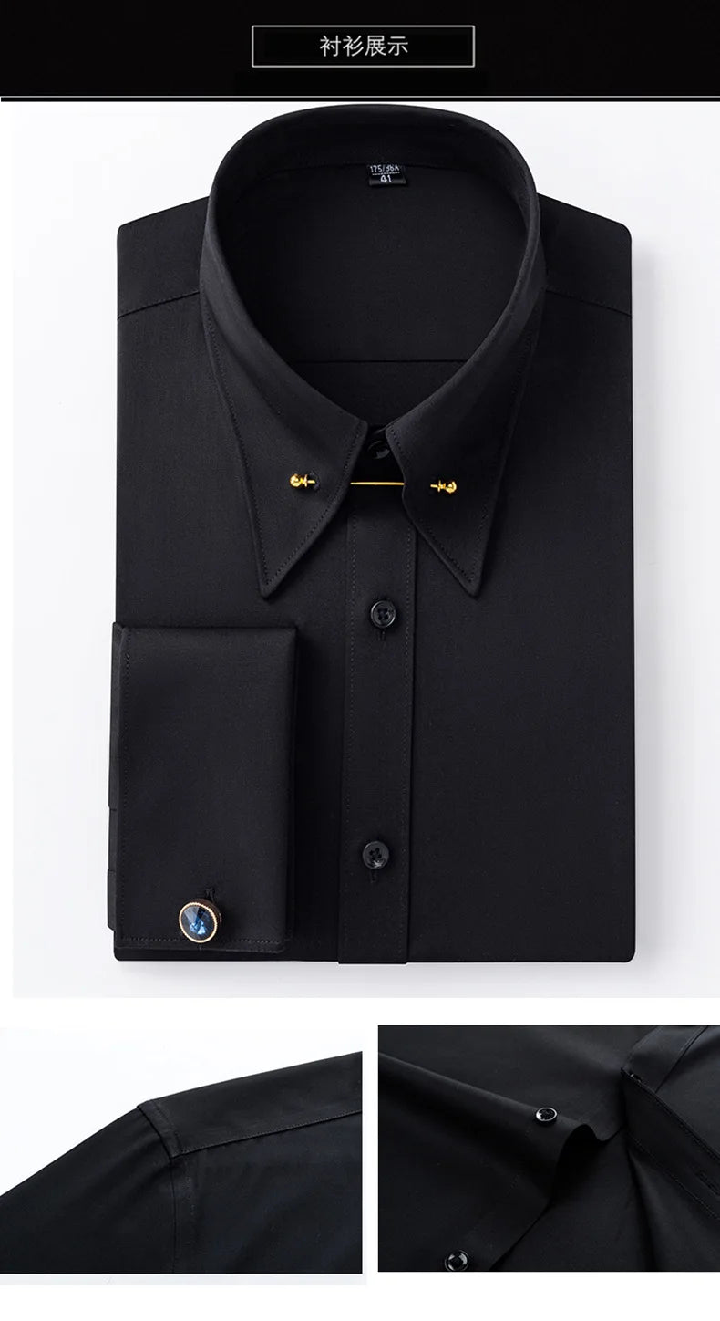 Embroidered French Cufflinks Men's Long-Sleeve Shirt with Collar Pins No tie Big Collar Dress Shirt for Business Formal Gentlema