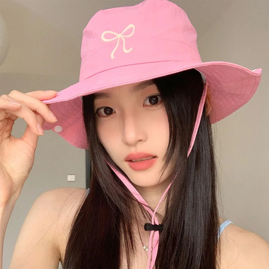 Korean Pink Bow Quick Dry Fisherman Hat Windproof Rope Women Outdoor Camping Mountaineering Hats Girl Summer Sunscreen Bowl Cap