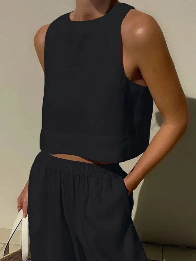 Women's Long Pant Sets Sleeveless Cropped Top Drawstring Elastic Waist Wide Leg Pants 2 Piece Set Casual Commute 2026 Summer New