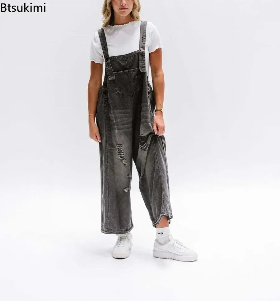 2026 Summer Women's Casual Loose Straps Jeans Vintage Hole Baggy Denim Pants Women Jumpsuit Harem Trousers with Pockets Overalls