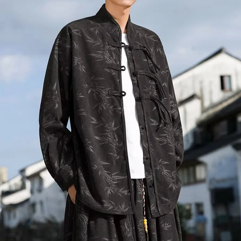 Autumn Retro Single-breast Button Long Sleeve Shirts For Men Graphic Printed Harajuku Corduroy Shirt Y2K Streetwear Tshirts