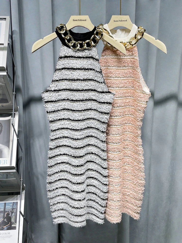 HIGH STREET Newest 2026 Designer Fashion Halter Neck Metal Chain Sleeveless Knit Striped Dress
